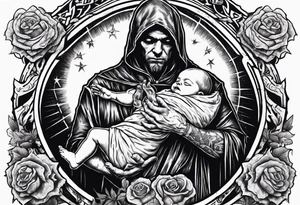 Satan holds a dead mummified baby in his arms, against the background of a grave with a pentagram tattoo idea