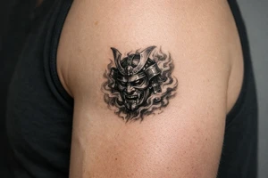 Samurai mask emerging from swirling smoke, black and grey, covering the shoulder. tattoo idea
