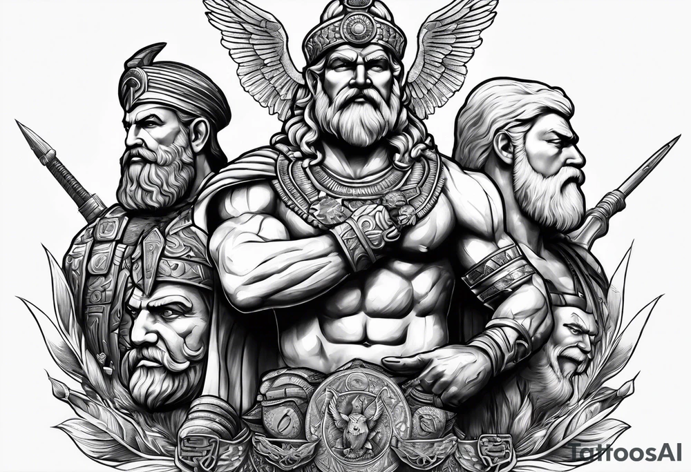 Realistic statue based Vishnu, Odin, Zeus, and chesty puller tattoo idea