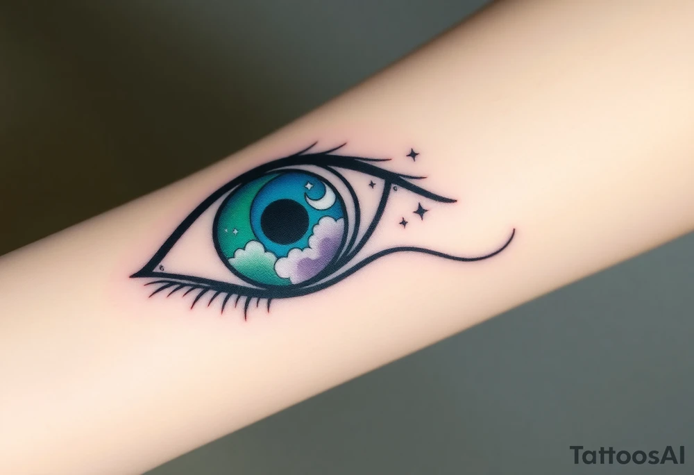Large outline of an almond shaped eye with a spade shaped eyeball colored greenish blue with a crescent moon stars and clouds inside vivid colors blue green purple tattoo idea