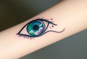Large outline of an almond shaped eye with a spade shaped eyeball colored greenish blue with a crescent moon stars and clouds inside vivid colors blue green purple tattoo idea
