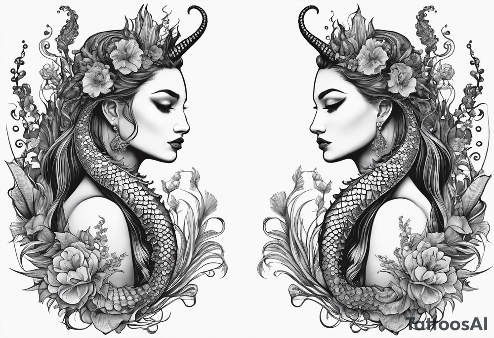 Seahorse side profile big evil and mermaid looking at eachother side profile. Mermaid to show scales and tattooed skin, long hair, horns, crown, trident. Grass reeds and flowers around both tattoo idea