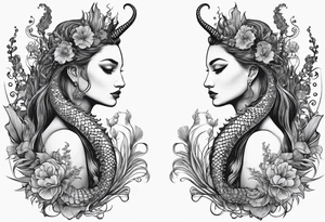 Seahorse side profile big evil and mermaid looking at eachother side profile. Mermaid to show scales and tattooed skin, long hair, horns, crown, trident. Grass reeds and flowers around both tattoo idea