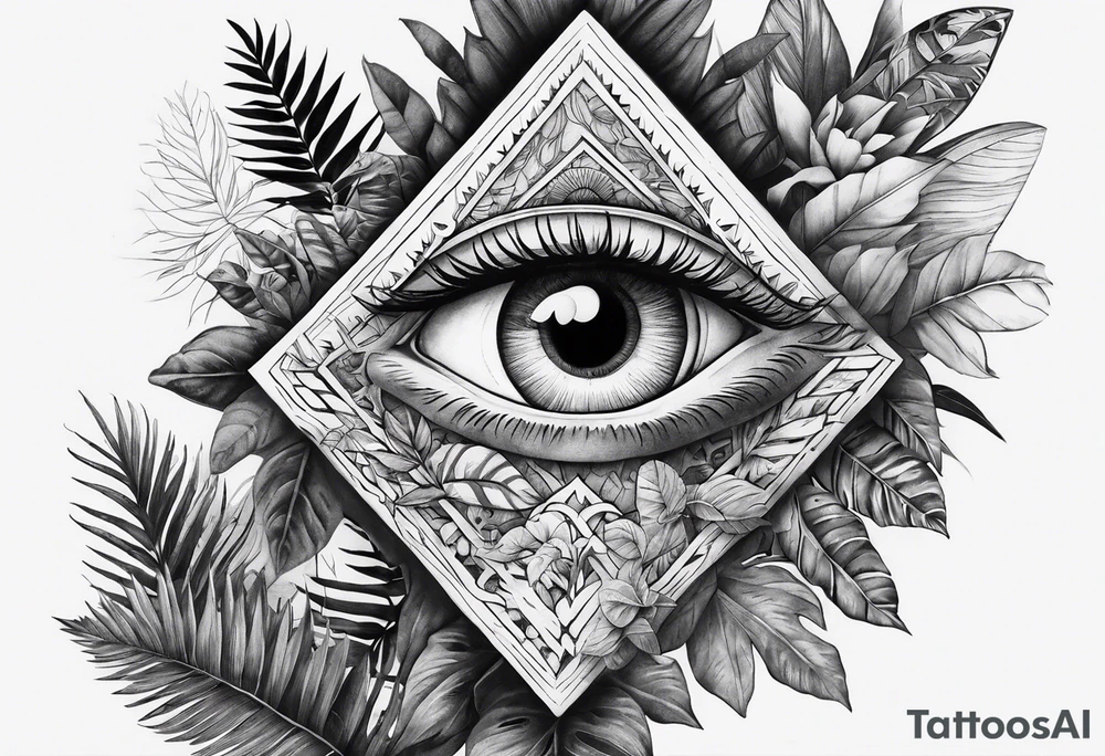 sleeve tattoo with all-seeing eye and jungle plants tattoo idea