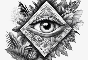 sleeve tattoo with all-seeing eye and jungle plants tattoo idea