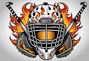 goalie mask with crossed hockey sticks and flames that says "SHOT HOCKEY" tattoo idea