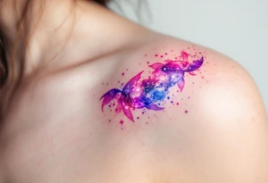 The star constellation of Pisces stretches across the shoulder in radiant pink and violet, symbolizing romantic intuition. tattoo idea