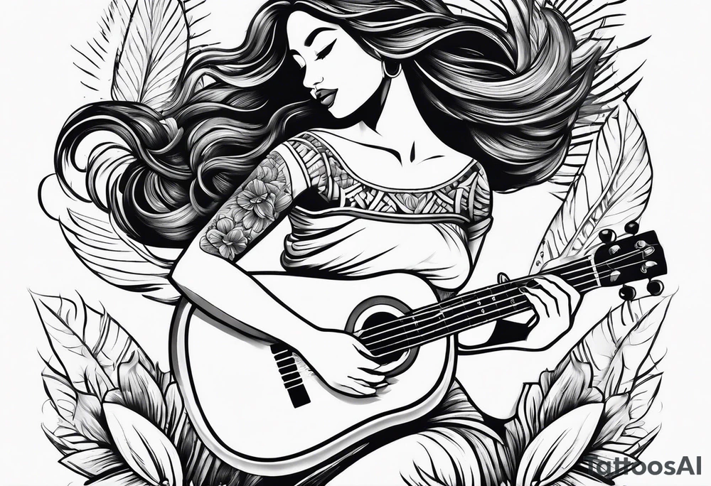 hula girl squating and dance with ukulele tattoo idea