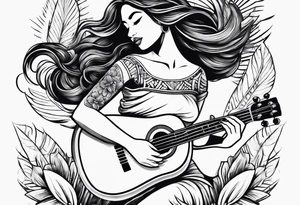 hula girl squating and dance with ukulele tattoo idea