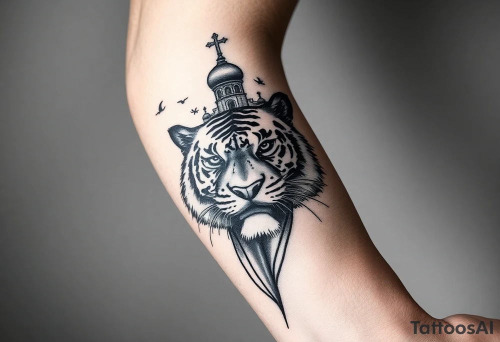 in a dorsal view of the hand and forearm a tiger face on the hand with black hollowed eyes, then above this a orthodox church shrouded with a mist and fading into a virgin mary overlooking tattoo idea
