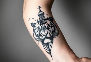 in a dorsal view of the hand and forearm a tiger face on the hand with black hollowed eyes, then above this a orthodox church shrouded with a mist and fading into a virgin mary overlooking tattoo idea