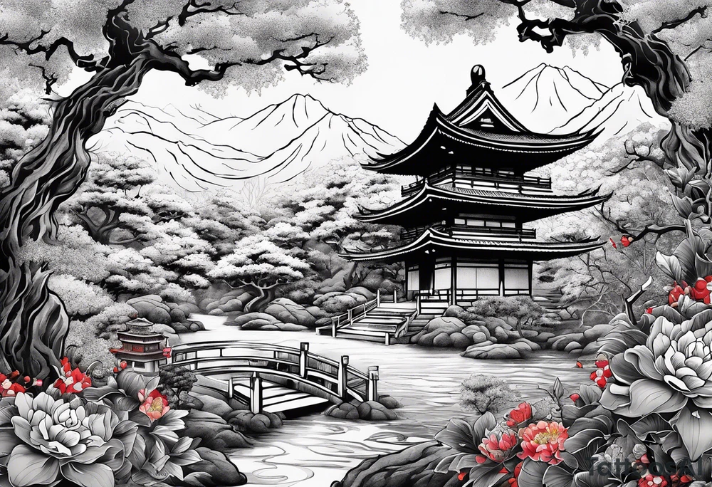 Japanese's Art style of a garden with M3LO in it and  Swords and blood and a Oni mask tattoo idea