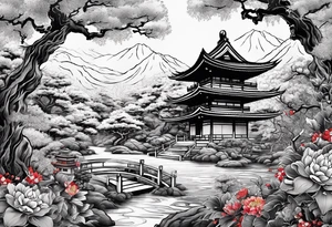 Japanese's Art style of a garden with M3LO in it and  Swords and blood and a Oni mask tattoo idea