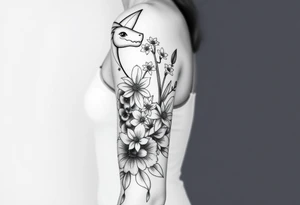 Create an arm tattoo from elbow to shoulder that includes the pokemon charizard, 1 lily of the valley with 3 daffodils, a tiger, and a basketball jersey with the number 0. tattoo idea