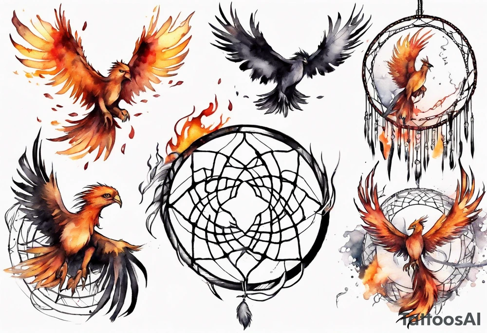 Fire Phoenix flying out of dream catcher tattoo idea