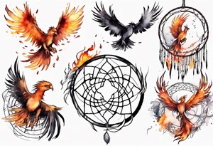 Fire Phoenix flying out of dream catcher tattoo idea