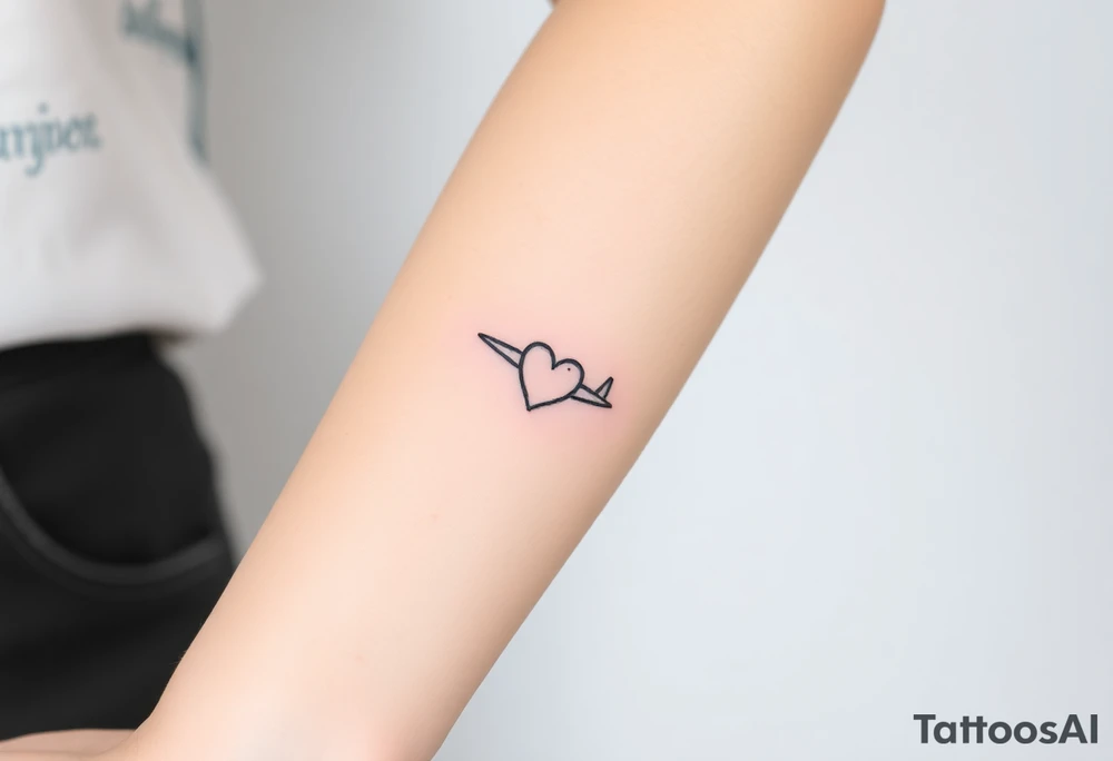 Minimalist tattoo for women who love travel and science, make feminine. For forearm. Should be small, aeroplane and heart tattoo idea