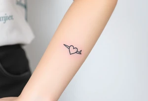 Minimalist tattoo for women who love travel and science, make feminine. For forearm. Should be small, aeroplane and heart tattoo idea