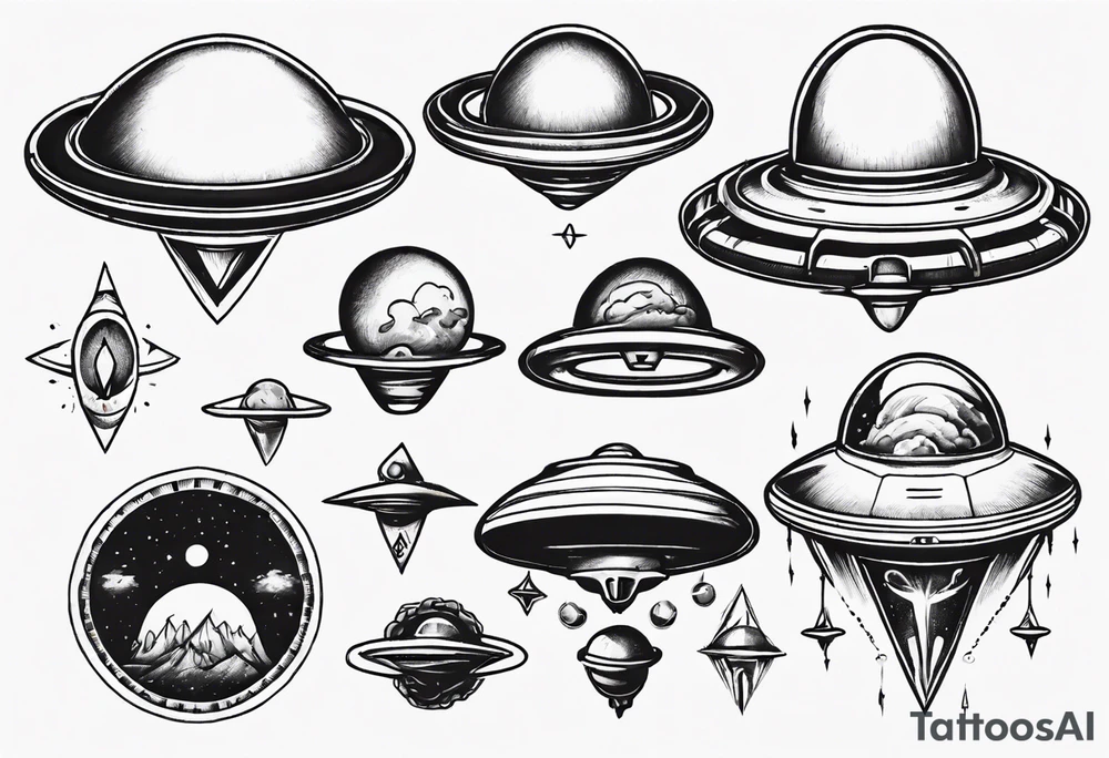 Sketch style flying saucer tattoo idea