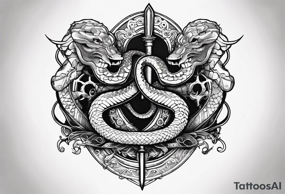 Aggresive Snakes eating each other with a sword, this design must be in a vertical vertical proportion. Additionaly the desing must be "Steampunk" type tattoo idea