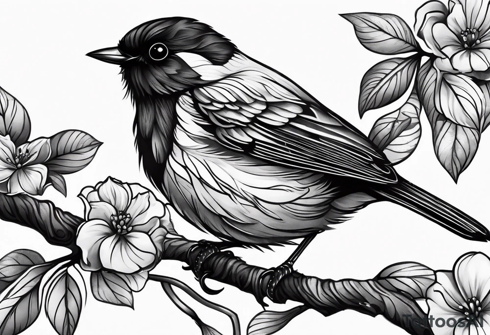 Black and white little bird, sitting on a branch. tattoo idea