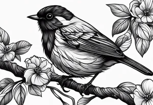 Black and white little bird, sitting on a branch. tattoo idea