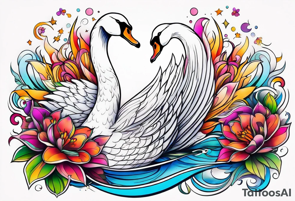 Colorful swan tattoo with flowers tattoo idea