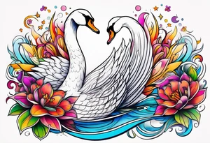 Colorful swan tattoo with flowers tattoo idea