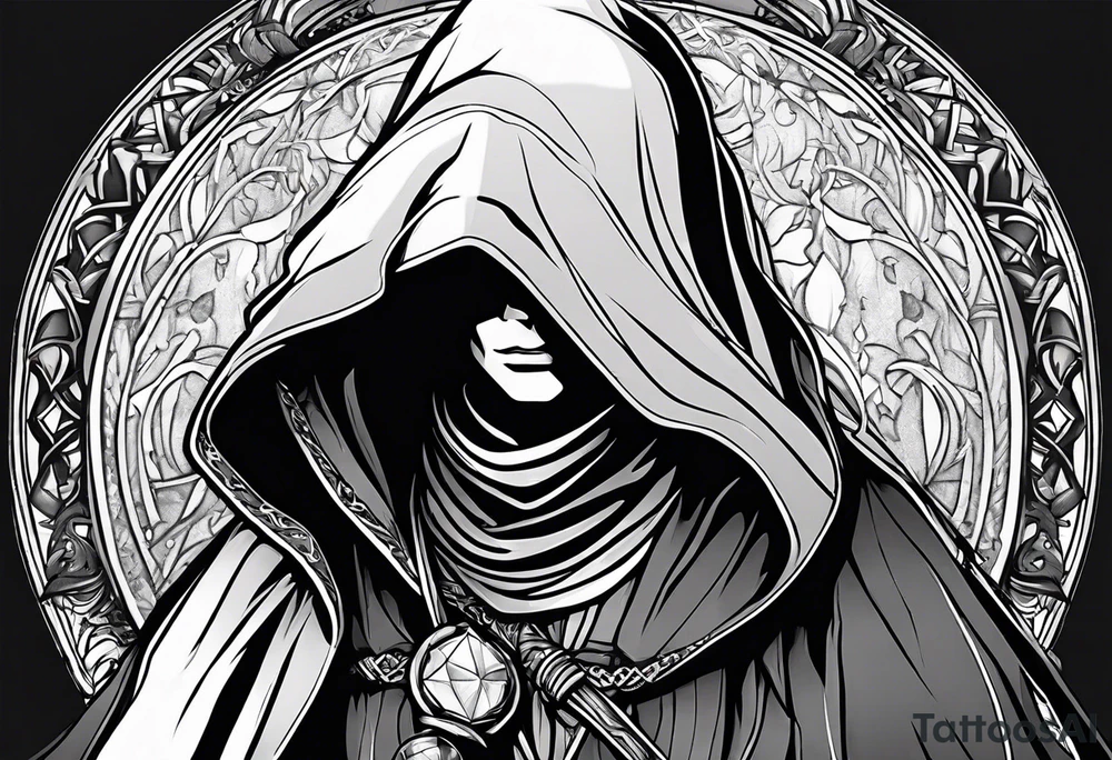Hooded figure with no face carrying wooden staff with gem on top and wearing a long tattered cloak tattoo idea