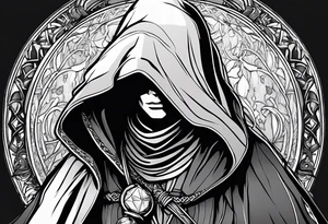 Hooded figure with no face carrying wooden staff with gem on top and wearing a long tattered cloak tattoo idea