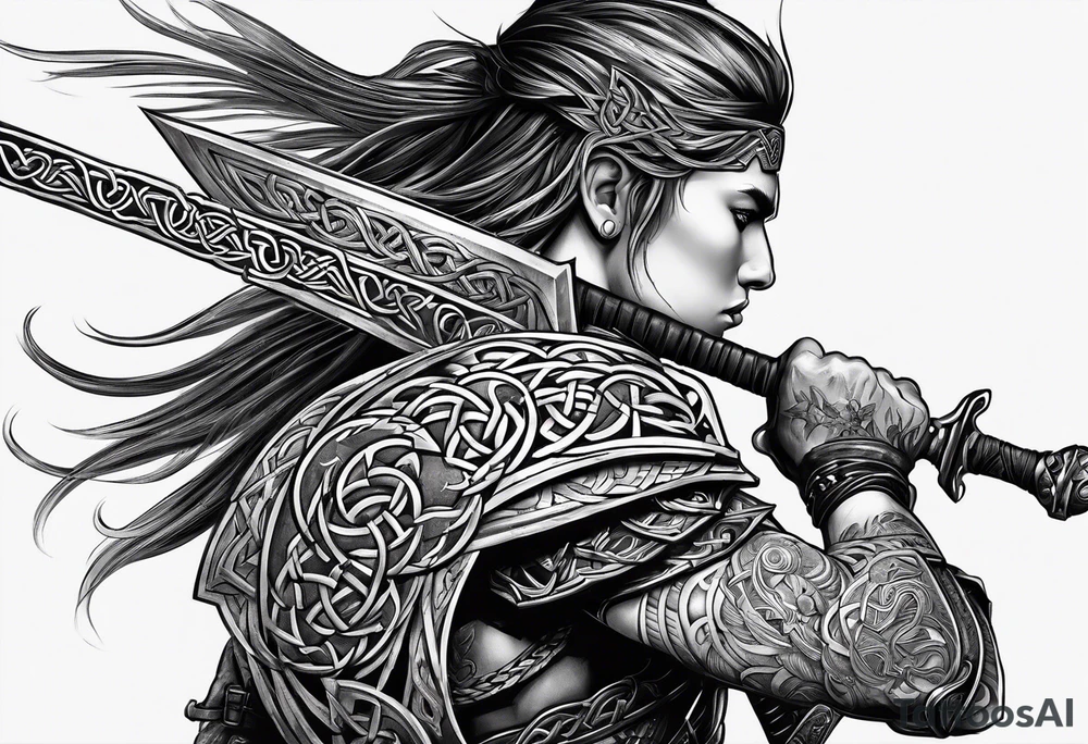 Side profile wide shot of Celtic warrior weapons unsheathed tattoo idea