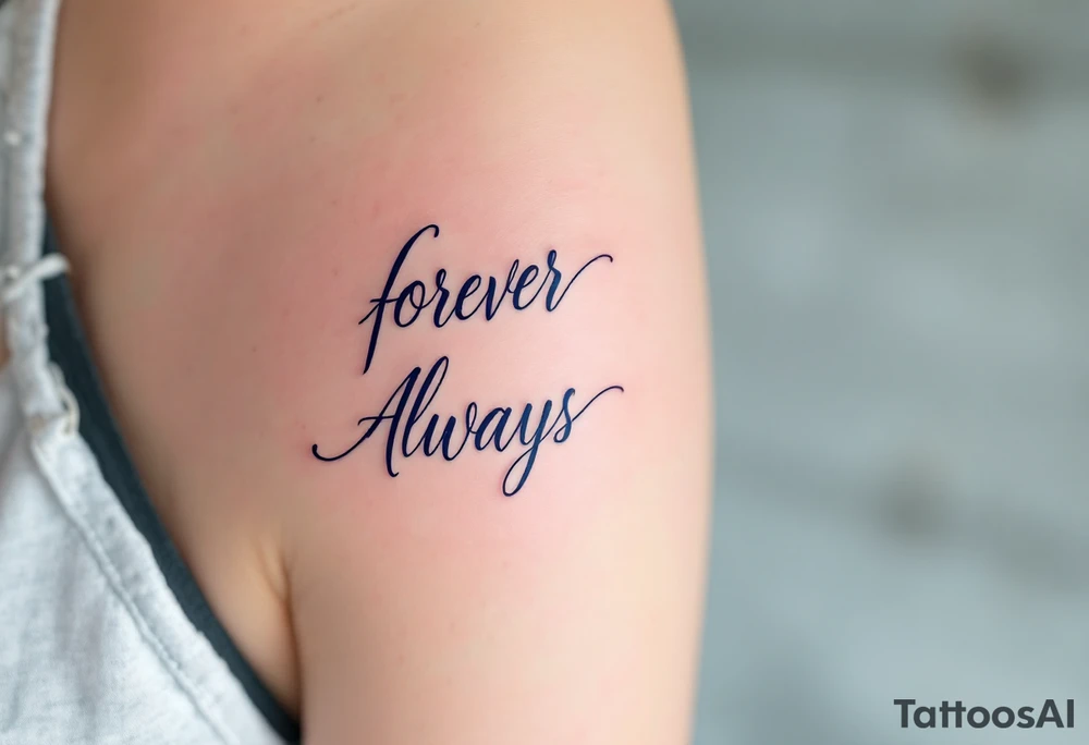 Elegant script “Forever” in burgundy on her shoulder and “Always” in navy for his shoulder inked over the heart show eternal devotion. tattoo idea