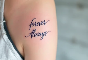 Elegant script “Forever” in burgundy on her shoulder and “Always” in navy for his shoulder inked over the heart show eternal devotion. tattoo idea