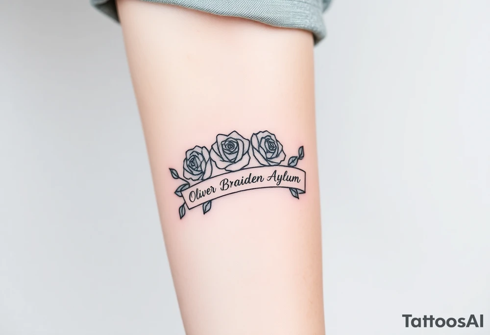 Roses and ribbon with 5 names in it Oliver Braiden Ava Zaleea Taydum tattoo idea