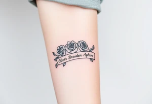 Roses and ribbon with 5 names in it Oliver Braiden Ava Zaleea Taydum tattoo idea