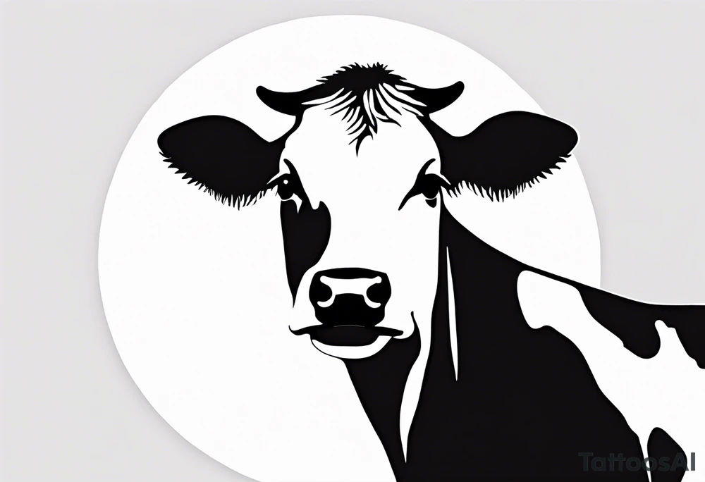 A black-and-white silhouette of a Holstein cow head facing forward. The cow’s head is outlined in bold black lines, with sharp, angular shapes defining its features. The body is represented by minimal black spots, stark against the white silhouette. The cow's head is positioned inside a simple white circle, which is placed on a solid black circle. The entire logo is against a clean white background, with strong contrasts between the black silhouettes and the white space. The design is minimalist, focusing on the silhouette of the cow and the simple, bold shapes of the logo. tattoo idea