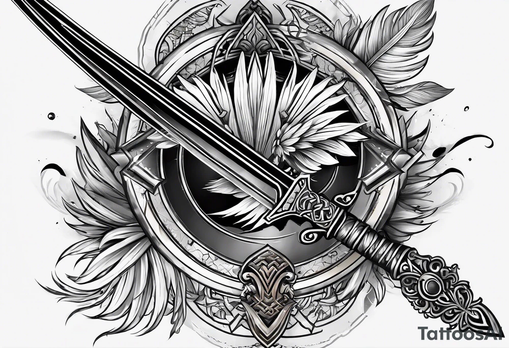 this tattoo is meant for outer forearm a long thin sword with feathers alongside it coming closer at the base both sword and feathers are parallel tattoo idea