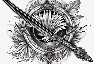 this tattoo is meant for outer forearm a long thin sword with feathers alongside it coming closer at the base both sword and feathers are parallel tattoo idea