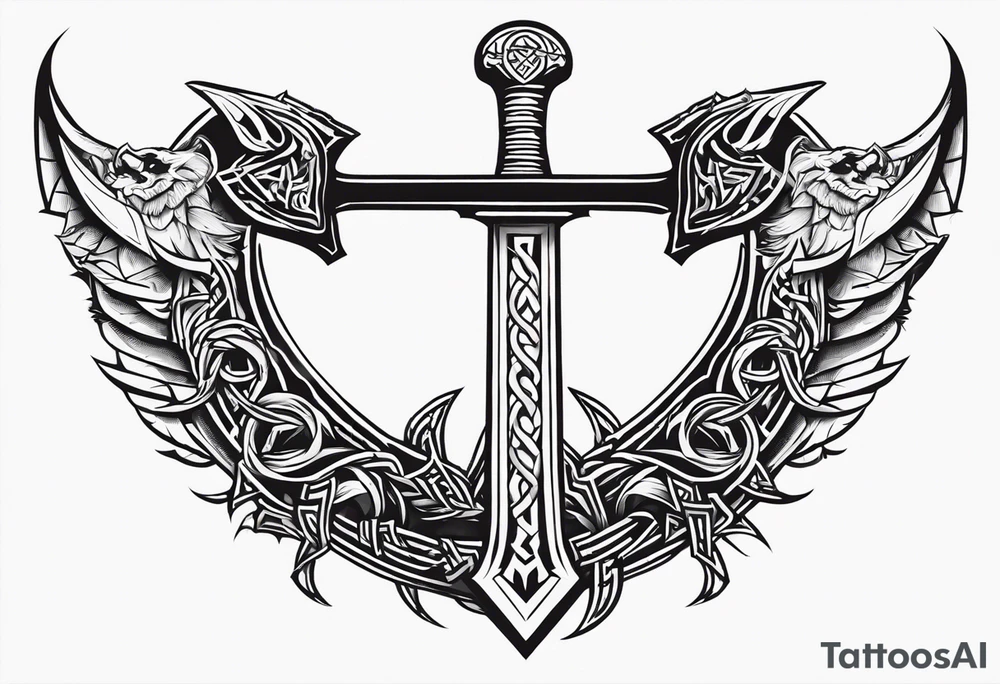 Valhalla sword shield dragon axe Valknut barbed wire chains tribal tattoo idea