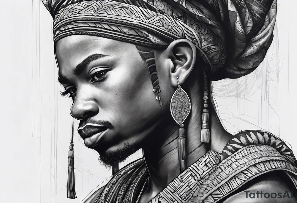 ogun guerreiro africano realista em preto e cinza com tons de azul
 no fudo tattoo idea