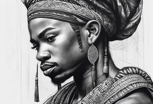 ogun guerreiro africano realista em preto e cinza com tons de azul
 no fudo tattoo idea