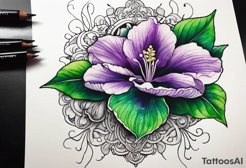 A mystical outline of a green and purple rio dipladenia flower and a green and purple watercolor splash in the background tattoo idea