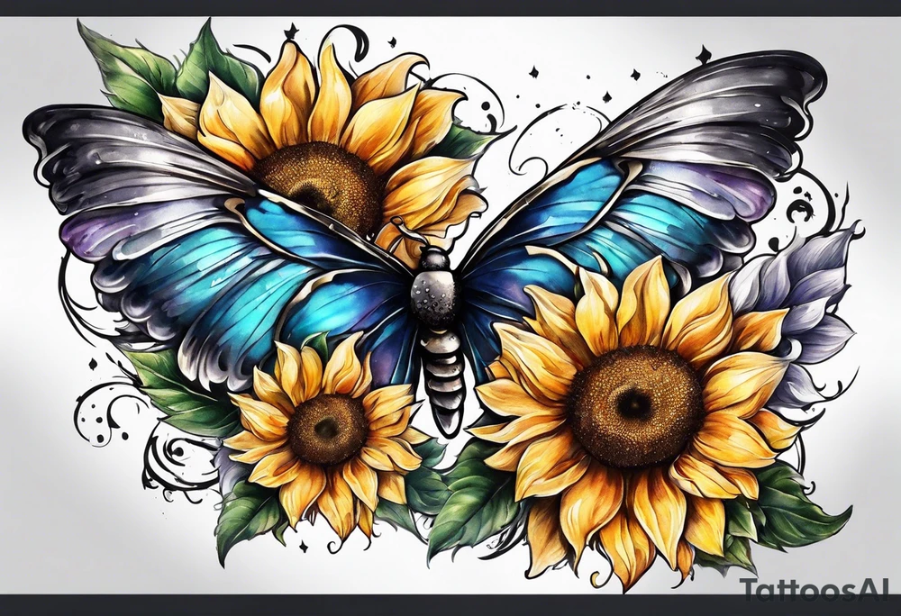Sleeve with angel wings, sunflower and butterfly tattoo idea