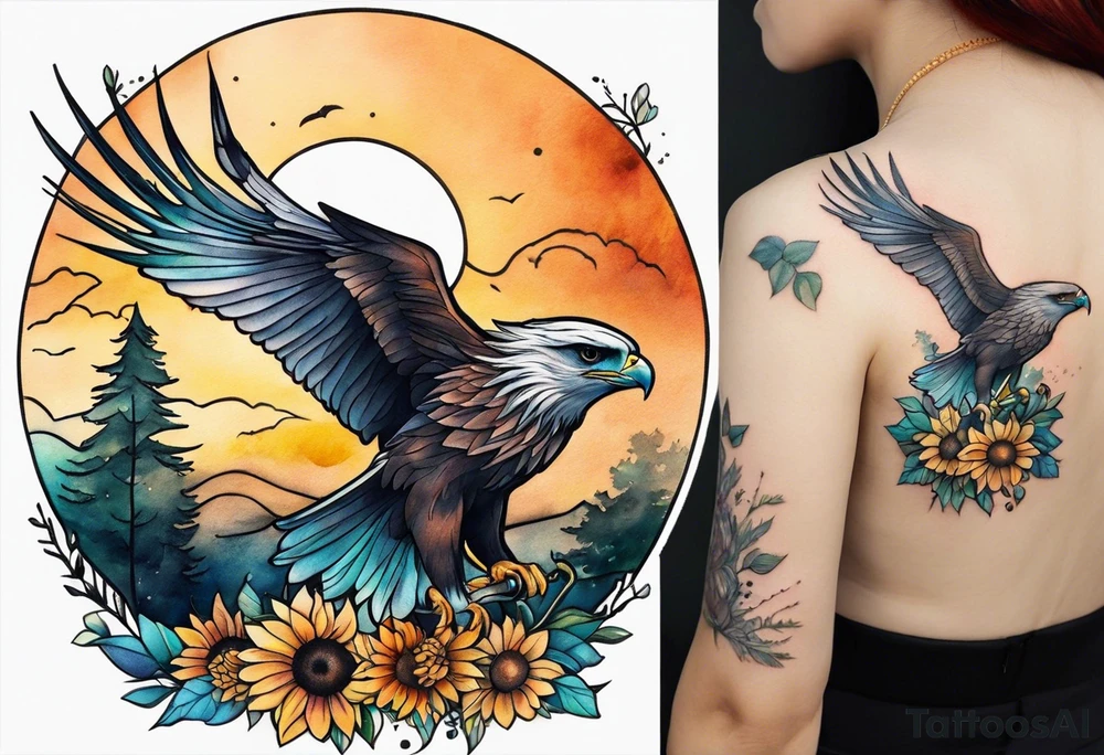 Small inside arm tattoo. Black kite (Daya's name), nature (trees/sea), small sunflower. Soft colours tattoo idea