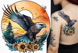 Small inside arm tattoo. Black kite (Daya's name), nature (trees/sea), small sunflower. Soft colours tattoo idea
