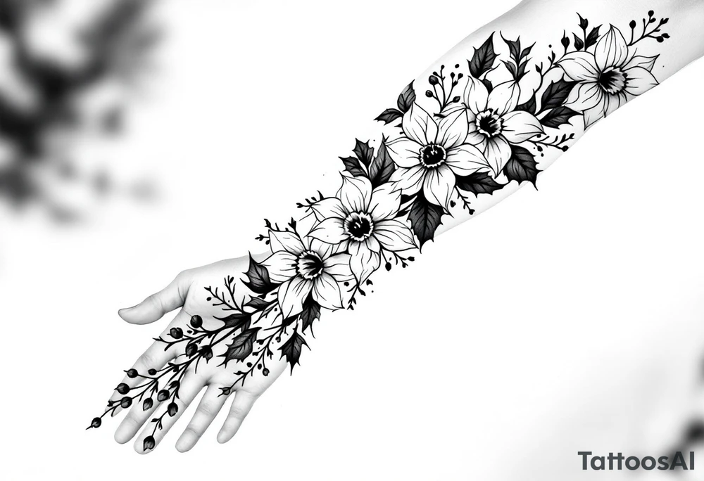 starting from a band mid-forearm, a sleeve of holly flowers and daffodils tattoo idea