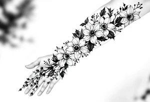 starting from a band mid-forearm, a sleeve of holly flowers and daffodils tattoo idea