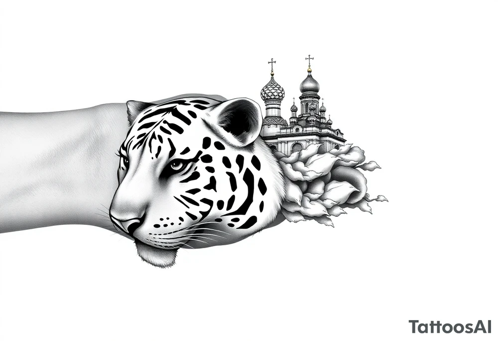 Realistic white tiger face on the back of the hand with strong contrast and fine detail with its eyes completely black. with a highly detailed Russian Orthodox cathedral sitting above on fore arm with onion domes and orthodox crosses, done in fine line, engraving-like style. Cohesive composition, black ink only, no color, high contrast, slightly aged, documentary-style, plain light background. with clouds above and a virgin mary 
spanning from my hand to lower fore arm tattoo idea