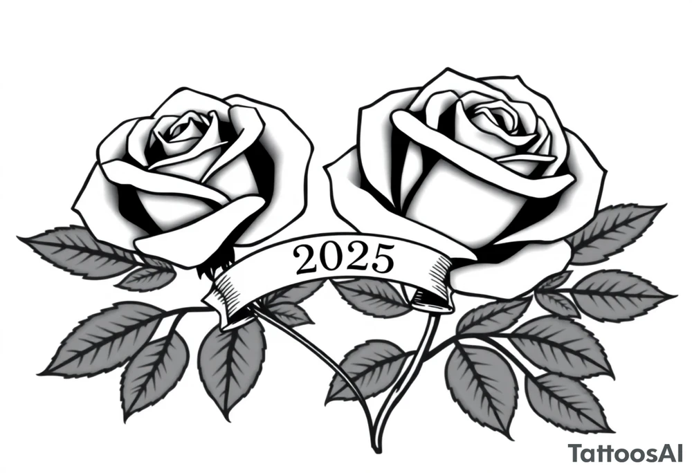 two beautiful large rose buds, one larger than the other, with many leaves next to the rose buds, with one sitting higher than the other. Include a banner connecting the two roses with the year 2025 on it.   Use dark outlines with little shading. The two stems should be short, not long, and connect and join into one stem, whimsically curved or twisted - not straight down. tattoo idea