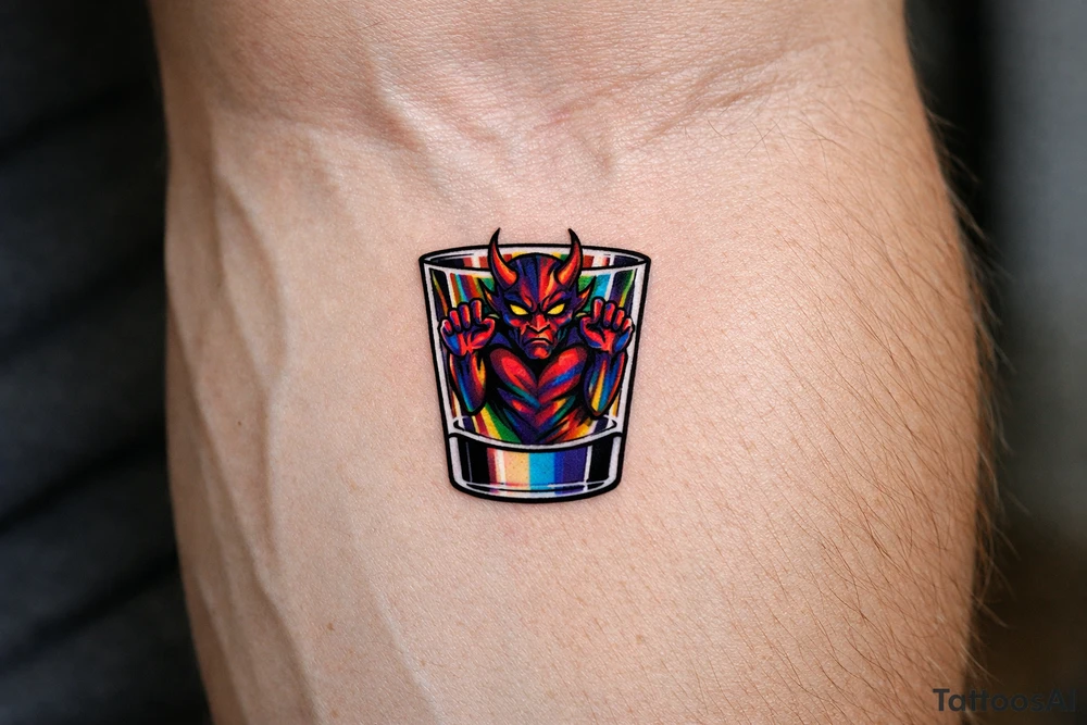 Silhouette of a demon trapped in a minimalist shot glass, sharp lines. tattoo idea